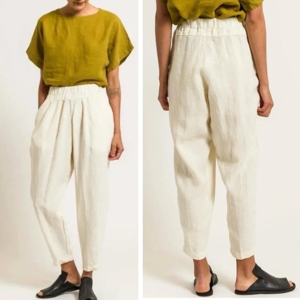 Black Crane Carpenter Pants Size XS 100% Linen Cream Tapered Elastic High Waist